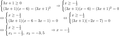 \begin {cases} 3x+1 \geq 0 \\ (3x+1)(x-6)=(3x+1)^2 \end {cases} \Rightarrow \begin {cases} x \geq - \frac{1}{3} \\ (3x+1)(x-6)-(3x+1)^2 =0\end {cases}\\ \Leftrightarrow \begin {cases} x \geq - \frac{1}{3} \\ (3x+1)(x-6-3x-1) =0\end {cases} \Leftrightarrow \begin {cases} x \geq - \frac{1}{3} \\ (3x+1)(-2x-7) =0\end {cases}\\ \Leftrightarrow \begin {cases} x \geq - \frac{1}{3} \\ x_1=- \frac{1}{3} ,\ x_2=-3,5\end {cases}\ \Rightarrow x = - \frac{1}{3}