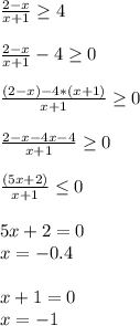 \frac{2-x}{x+1} \geq 4 \\ \\ \frac{2-x}{x+1} -4 \geq 0 \\ \\ \frac{(2-x)-4*(x+1)}{x+1} \geq 0 \\ \\ \frac{2-x-4x-4}{x+1} \geq 0 \\ \\ \frac{(5x+2)}{x+1} \leq 0 \\ \\ 5x+2=0 \\ x=-0.4 \\ \\ x+1=0 \\ x=-1