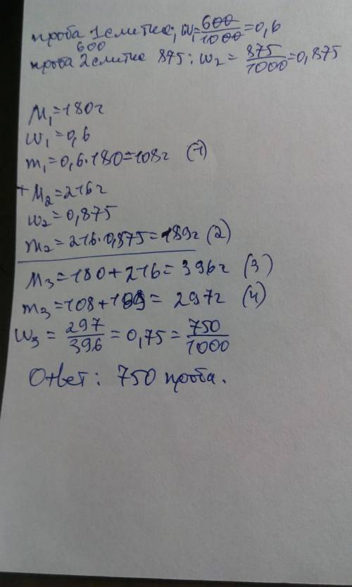 Сплавили два слитка серебра: 600-й пробы весом 180 г и 875-й пробы весом 216 г. определить пробу спл