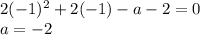 2 (-1)^{2} + 2(-1) - a - 2 = 0 \\ a = -2