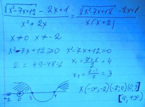 При каких значениях x имеет смысл следующее выражение: корень из( х^2-7х+12)-2х+1/х^2+2х (скобками о