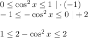 0 \leq \cos^2x \leq 1\,\, |\cdot(-1)\\ -1 \leq -\cos^2x \leq 0\,\, |+2\\ \\ 1 \leq 2-\cos^2x \leq 2