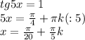 tg5x=1 \\ 5x= \frac{ \pi }{4}+ \pi k(:5) \\x= \frac{ \pi }{20}+ \frac{ \pi }{5}k