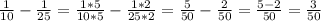 \frac{1}{10} - \frac{1}{25} = \frac{1*5}{10*5} - \frac{1*2}{25*2} = \frac{5}{50} - \frac{2}{50} = \frac{5-2}{50} = \frac{3}{50}