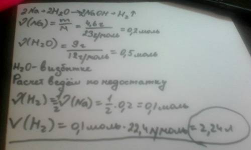 Реагирует натрий массой 4.6 г и 9г воды. определить объём выделяющегося газа (при н.у., в л). с дано