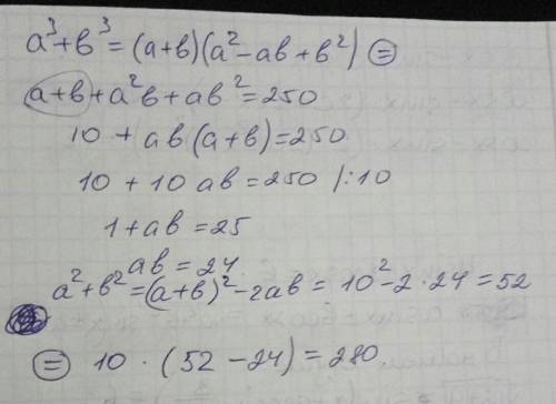 Найдите a3+b3, если известно, что a+b=10 и a+b+a2b+ab2=250