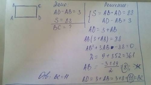 Дано abcd прямоугольник ad-ab=3,s=88 найти bc