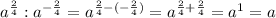 a^{ \frac{2}{4}} : a^{ -\frac{2}{4} } = a^{ \frac{2}{4} -(- \frac{2}{4})} = a^{ \frac{2}{4}+ \frac{2}{4} } = a^1 =a