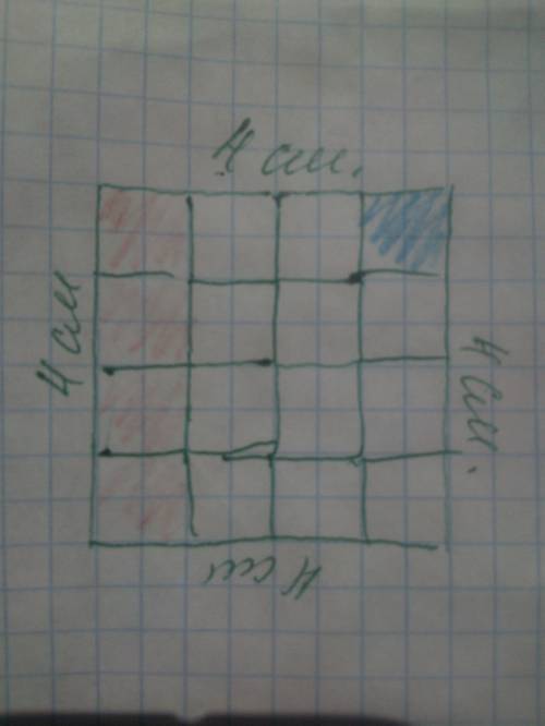 Начерти квадрат со стороной 4 см. разбей его на 16 равных частей. закрась одну четвертую часть красн
