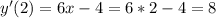 y'(2) = 6x - 4 = 6*2 - 4 = 8