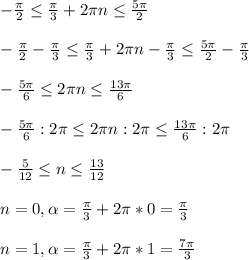 - \frac{ \pi }{2} \le \frac{ \pi }{3} +2 \pi n \leq \frac{5 \pi }{2} \\ \\ -\frac{\pi}{2}- \frac{\pi }{3} \leq\frac{ \pi }{3} +2 \pi n- \frac{ \pi }{3} \leq\frac{5\pi}{2}-\frac{ \pi }{3} \\ \\ -\frac{5 \pi }{6}\leq 2 \pi n \leq \frac{13 \pi }{6} \\ \\ - \frac{5 \pi }{6}:2 \pi \leq 2 \pi n : 2 \pi \leq \frac{13\pi}{6} :2 \pi \\ \\ - \frac{5}{12} \leq n \leq \frac{13}{12} \\ \\ n=0, \alpha = \frac{ \pi }{3} +2 \pi *0 = \frac{ \pi }{3} \\ \\ n= 1,\alpha = \frac{ \pi }{3}+2\pi *1 = \frac{7 \pi }{3}