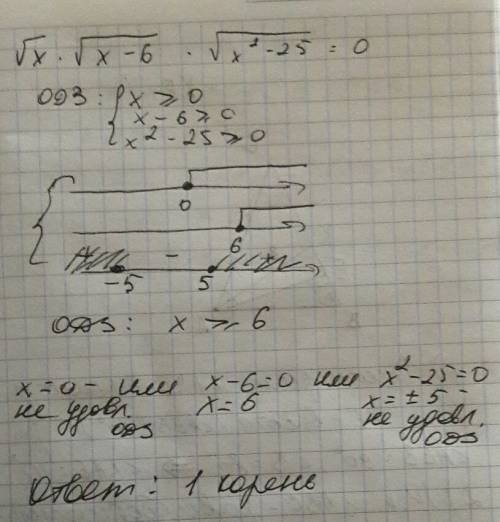 Укажите число корней уравнения √(x)*√(x-6)*√(x^2-25)=0