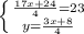 \left \{ {{ \frac{17x+24}{4} =23} \atop {y= \frac{3x+8}{4} }} \right.