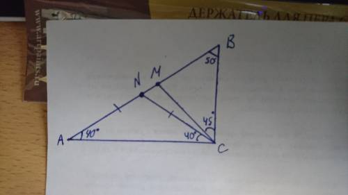 Прямоугольный треугольник. острый угол b = 50°. найти угол, образованный между медианой и биссектрис