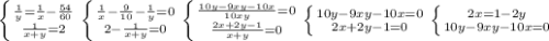 \left \{ {{ \frac{1}{y} = \frac{1}{x} - \frac{54}{60} } \atop { \frac{1}{x+y} =2}} \right. \left \{ {{ \frac{1}{x} - \frac{9}{10} -\frac{1}{y}=0} \atop { 2-\frac{1}{x+y}=0}} \right. \left \{ {{ \frac{10y-9xy-10x}{10xy} =0} \atop { \frac{2x+2y-1}{x+y} =0}} \right. \left \{ {{ 10y-9xy-10x=0 \atop {2x+2y-1=0}} \right. \left \{ {{ 2x=1-2y \atop {10y-9xy-10x=0}} \right.