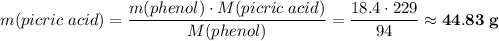 m(picric \; acid) = \dfrac{m(phenol) \cdot M(picric \; acid)}{M(phenol)} = \dfrac{18.4 \cdot 229}{94} \approx \bf{44.83 \; g}