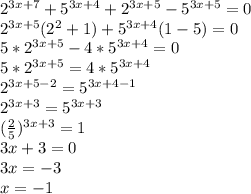 2^{3x+7}+5^{3x+4}+2^{3x+5}-5^{3x+5}=0 &#10;\\2^{3x+5}(2^2+1)+5^{3x+4}(1-5)=0&#10;\\5*2^{3x+5}-4*5^{3x+4}=0&#10;\\5*2^{3x+5}=4*5^{3x+4}&#10;\\ 2^{3x+5-2}=5^{3x+4-1}&#10;\\2^{3x+3}=5^{3x+3}&#10;\\( \frac{2}{5})^{3x+3}=1&#10;\\3x+3=0&#10;\\3x=-3&#10;\\x=-1