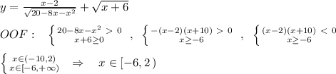 y=\frac{x-2}{\sqrt{20-8x-x^2}}+\sqrt{x+6}\\\\OOF:\; \; \; \left \{ {{20-8x-x^2\ \textgreater \ 0} \atop {x+6 \geq 0}} \right. \; ,\; \; \left \{ {{-(x-2)(x+10)\ \textgreater \ 0} \atop {x \geq -6}} \right. \; ,\; \; \left \{ {{(x-2)(x+10)\ \textless \ 0} \atop {x \geq -6}} \right. \\\\ \left \{ {{x\in (-10,2)} \atop {x\in [-6,+\infty )}} \right. \; \; \Rightarrow \quad x\in [-6,2\, )