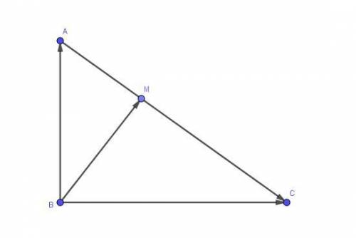 Точка м делит гипотенузу ас прямоугольного треугольника авс в отношении ам: мс=2: 3. найдите разложе