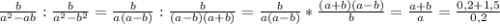 \frac{b}{a^2-ab}: \frac{b}{a^2-b^2}= \frac{b}{a(a-b)}: \frac{b}{(a-b)(a+b)}= \frac{b}{a(a-b)}* \frac{(a+b)(a-b)}{b}= \frac{a+b}{a}= \frac{0,2+1,5}{0,2}