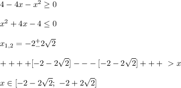 4-4x-x^2 \geq 0 \\ \\ x^2+4x-4 \leq 0 \\ \\ x_{1,2}=-2^+_-2 \sqrt{2} \\ \\ ++++[-2- 2\sqrt{2} ]---[-2- 2\sqrt{2}]+++\ \textgreater \ x \\ \\ x \in [-2- 2\sqrt{2}; \ -2+ 2\sqrt{2}]