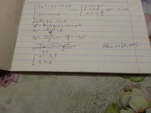 Решить систему неравенств ( с решением ) 2x^2+3x-14> =0 3x+11> 0