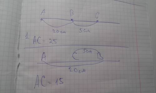 Ab c лежат на одной прямой расстояние между точками a и b равно 20 см а между точками b и c 5см найд
