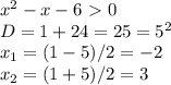 x^2-x-6\ \textgreater \ 0 \\ D=1+24=25=5^2 \\ x_1=(1-5)/2=-2 \\ x_2=(1+5)/2=3