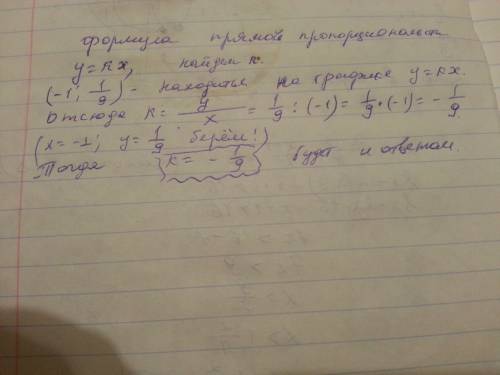 График прямой пропорциональности проходит через точку (-1; 1/9), найти коофициент пропорциональности