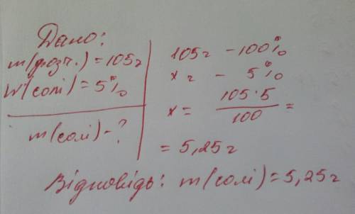 Обчисліть масу солі, що лишиться після випаровування води з розчину масою 105 г, у якому масова част