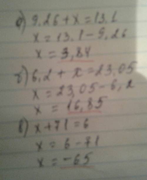 1) 9,26+x=13,1; 2) 6,2+x=23,05 3) x+71= 6 72__ 13