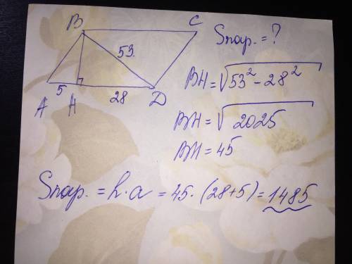 Bh параллелограмма abcd делит его сторону ad на отрезки ah=5 и hd=28 . диагональ параллелограммаbd р