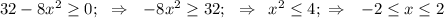 32-8x^2 \geq 0;\,\,\,\, \Rightarrow\,\,\,\, -8x^2 \geq 32;\,\,\,\, \Rightarrow\,\,\, x^2 \leq 4;\,\, \Rightarrow\,\,\,\, -2 \leq x \leq 2