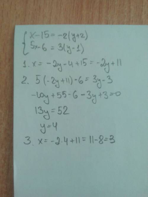 Решите систему уровнения х-15=-2(у+2)/5х-6=3(у-1)