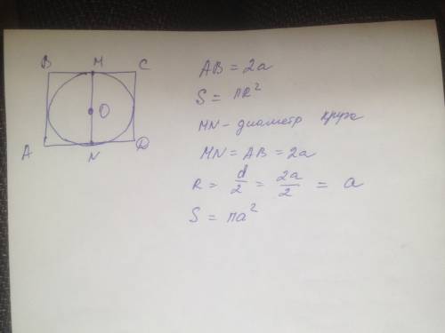 Найти площадь круга вписаного в квадрат со стороной 2а