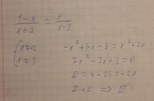 Найдите корни уравнения: 1-х/х+2=х/х-3