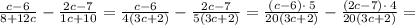 \frac{c-6}{8+12c}-\frac{2c-7}{1c+10}=\frac{c-6}{4\left(3c+2\right)}-\frac{2c-7}{5\left(3c+2\right)} = \frac{\left(c-6\right)\cdot \:5}{20\left(3c+2\right)}-\frac{\left(2c-7\right)\cdot \:4}{20\left(3c+2\right)}=