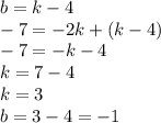 b=k-4 \\ &#10;-7=-2k+(k-4) \\ &#10;-7=-k-4 \\ &#10;k=7-4 \\ k=3 \\ b=3-4=-1