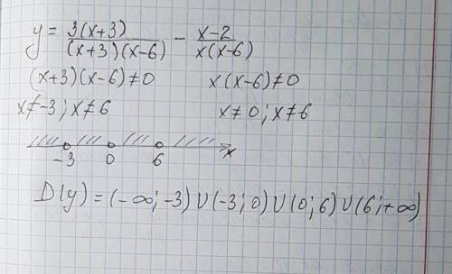 Найдите область определения y= 3(x+3)/(x+3)(x-6)-x-2/x(x-6) !