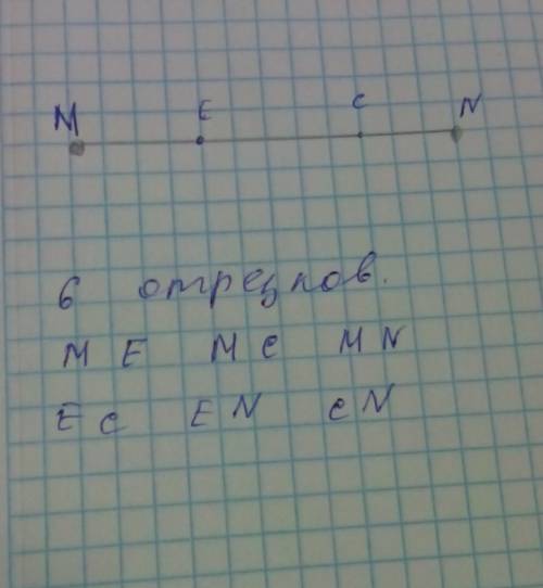 Нарисуй в тетради отрезок mn отзначте на этом отрезку пункты e и c напишите сколько отрезков получил