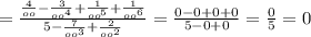 = \frac{ \frac{4}{oo}- \frac{3}{ oo^{4}}+\frac{1}{ oo^{5}}+ \frac{1}{ oo^{6}} }{ 5- \frac{7}{ oo^{3}}+ \frac{2}{ oo^{2}}} = \frac{0-0+0+0}{5-0+0} = \frac{0}{5} =0