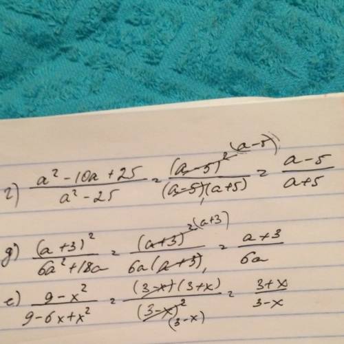 Сократите дробь, разложив числитель и знаменатель на множители: г)a^2-10a+25/a^2-25 д)(a+3)^2/6a^2+1