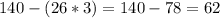 140-(26*3)=140-78=62