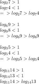 log_27 \ \textgreater \ 1\\ log_74\ \textless \ 1\\=\ \textgreater \ log_27\ \textgreater \ log_74\\\\&#10;log_69\ \textgreater \ 1\\log_98\ \textless \ 1\\=\ \textgreater \ log_69\ \textgreater \ log_89\\\\&#10;log_35\ \textgreater \ 1\\log_54\ \textless \ 1\\=\ \textgreater \ log_35\ \textgreater \ log_54\\\\&#10;log_{11}14\ \textgreater \ 1\\log_{14}13\ \textless \ 1\\log_{11}14\ \textgreater \ log_{14}13&#10;