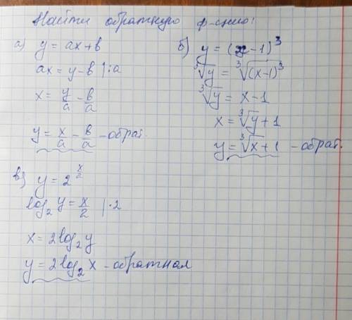 Найти обратную функцию: а)y=ax+b. б)y=(y-1)^3. в)y=2^(x/2)