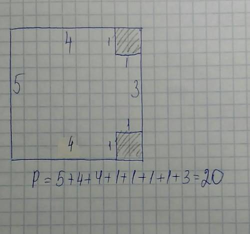 От квадрата со стороной 5см отрезали два квадратика со стороной 1см. найдите периметр получившейся ф