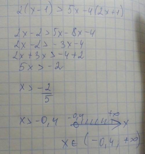 Решите неравенство 2(x-1)> 5x-4(2x+1)