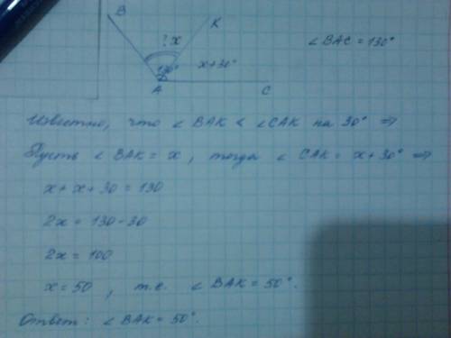 Угол bac равен 130 градусам. луч ak проходит внутри угла bac, так что угол bak на 30 градусов меньше