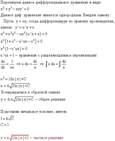 Решить однородное дифференциальное уравнение (x^2+y^2)dx-xy dy=0 y(1)=1