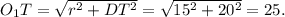 O_1T=\sqrt{r^2+DT^2}=\sqrt{15^2+20^2}=25.